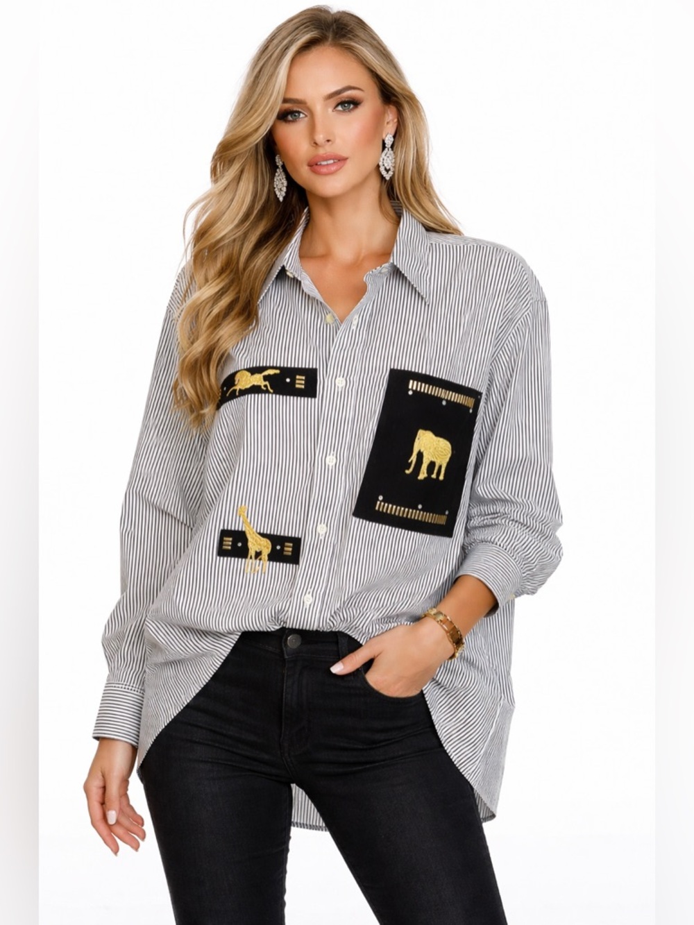 Scrabbles USA Women’s Button Up Black/white Blouse Size Large W/animal Decor
